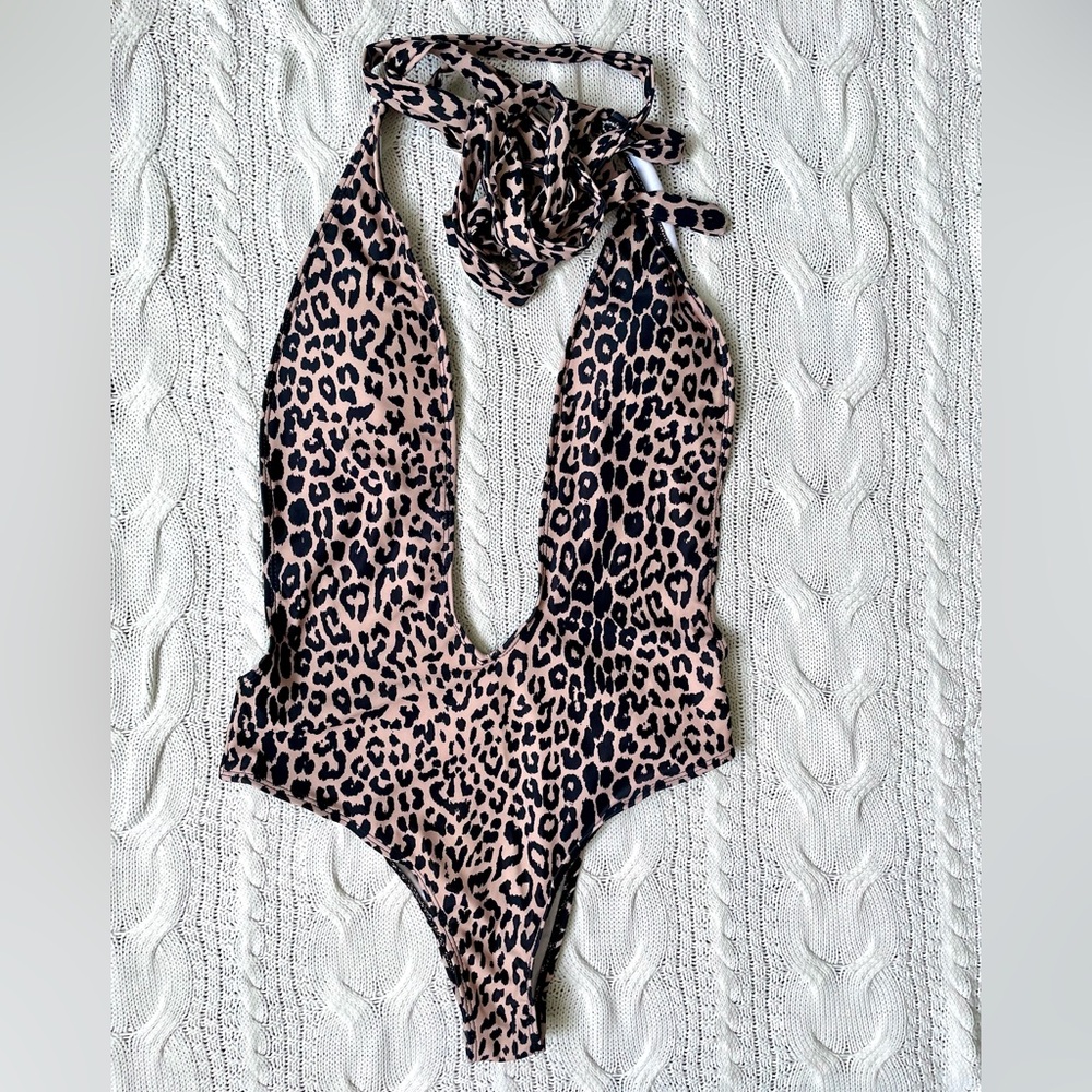 Leopard Print Halter One Piece Swimsuit Plunge S